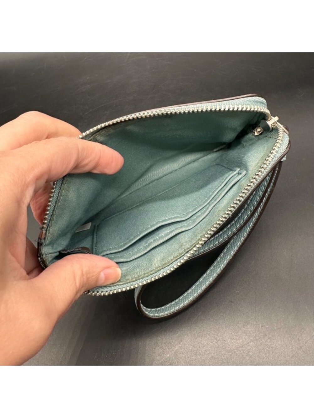 Coach Corner Zip Wristlet Wallet Blue Leather Strap Pebbled Leather Wristlet - Picture 4 of 14